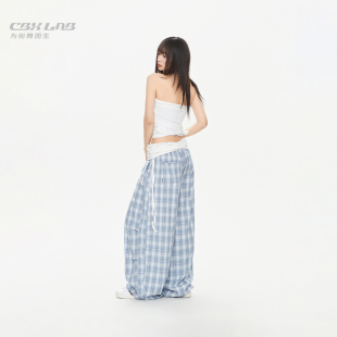 辣妹爵士长裤 CBXLAB街舞潮牌 美式 翻腰空气感格纹休闲裤 海盐雾蓝