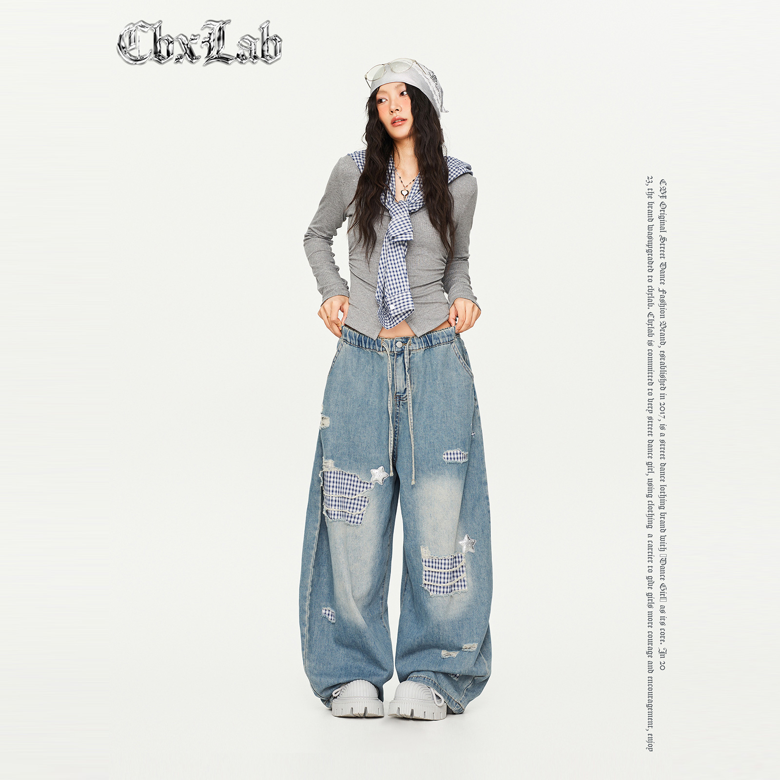 CBXLAB街舞潮牌拼接格纹破洞牛仔长裤遮胯显瘦宽松嘻哈复古休闲裤