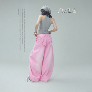 CBXLAB街舞潮牌粉色立体蝴蝶结纯棉牛仔长裤 粉嫩梦幻感爵士休闲裤