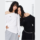 CBXLAB街舞潮牌斜肩微宽松瘦腰显瘦慵懒长袖 爵士辣妹简约压褶上衣