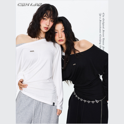 CBXLAB街舞潮牌斜肩微宽松瘦腰显瘦慵懒长袖爵士辣妹早秋压褶上衣