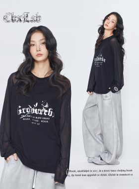 CBXLAB街舞潮牌黑色网纱拼接oversize显瘦嘻哈长袖美式辣妹上衣女