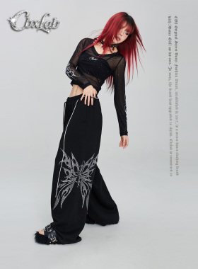 CBXLAB街舞潮牌黑色碎钻高街套装爵士辣妹网纱长袖蝴蝶嘻哈运动裤