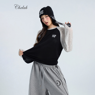 CBXLAB街舞潮牌肌理波点高弹亲肤插肩上衣宽松慵懒印花爵士长袖潮