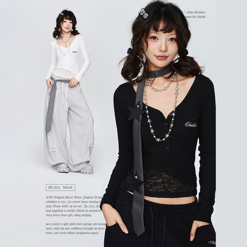 CBXLAB街舞潮牌显瘦蕾丝拼接爵士长袖美式kpop辣妹跳舞内搭上衣女