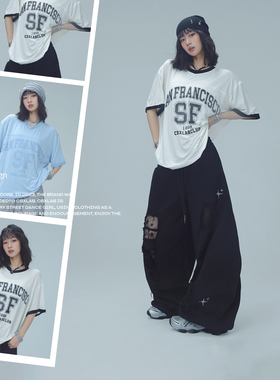 CBXLAB街舞潮牌夏季轻薄高棉棒球爵士短袖嘻哈街头美式撞色上衣潮