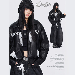 CBXLAB街舞潮牌甜系蕾丝绑带加绒皮衣夹克美式街头秋冬复古外套