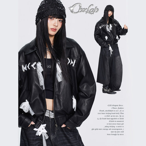 CBXLAB街舞潮牌甜系蕾丝绑带加绒皮衣夹克美式街头秋冬复古外套