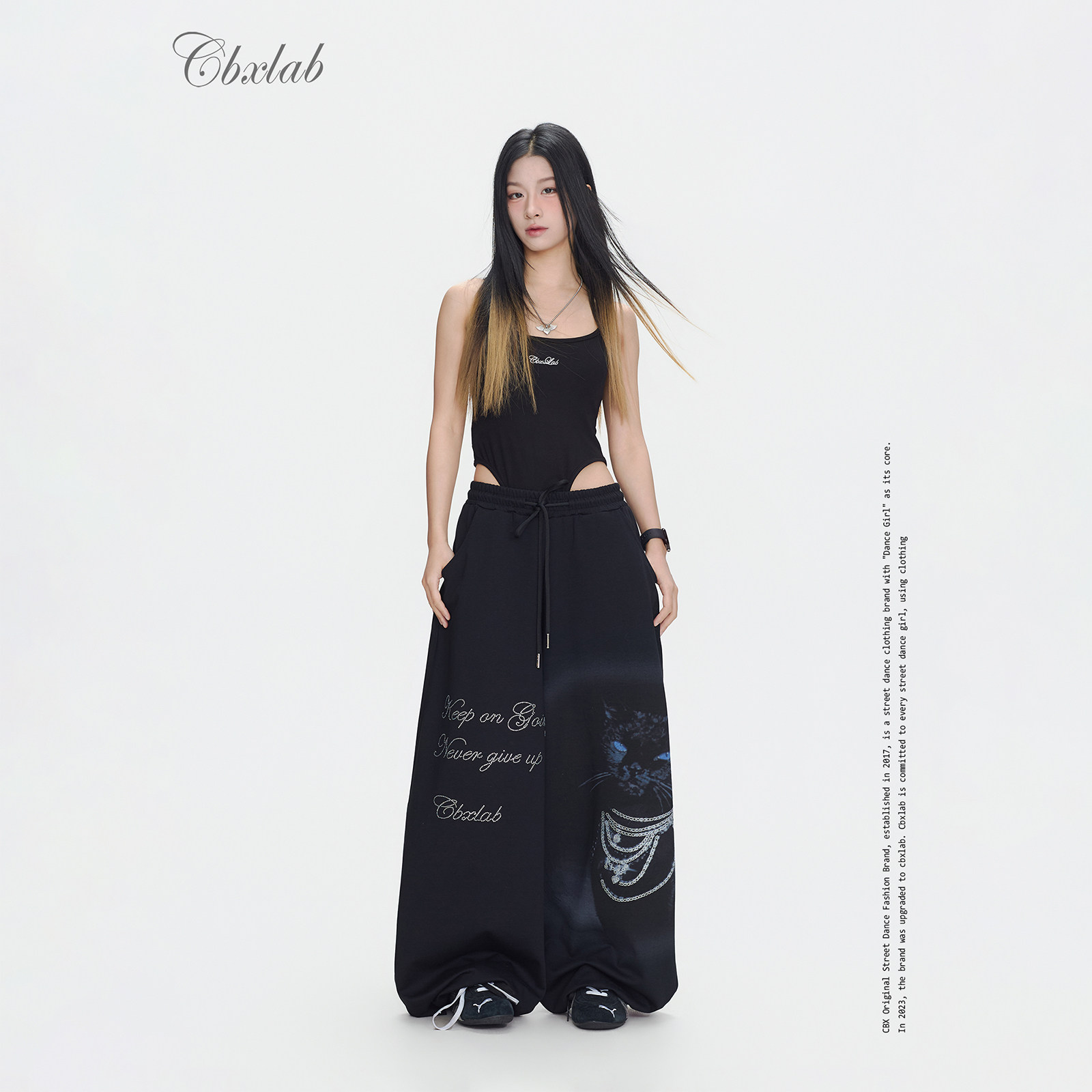 CBXLAB街舞潮牌高街美式烫钻猫咪印花长裤辣妹显瘦百搭宽松运动裤