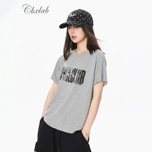 CBXLAB街舞潮牌复古印花oversize短袖美式街头辣妹慵懒落肩上衣女