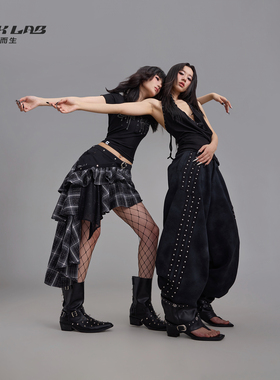 CBXLAB街舞潮牌辣妹格子拼接不规则短裙烫钻网纱高级立体显瘦裙子