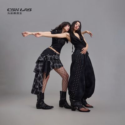 CBXLAB街舞潮牌辣妹格子拼接不规则短裙烫钻网纱高级立体显瘦裙子