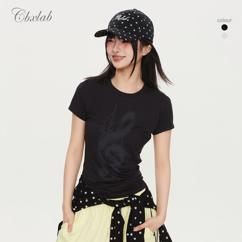 CBXLAB街舞潮牌赛博音符正肩显瘦爵士短袖爽滑亲肤辣妹夏季T恤女