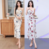 技师女装 新款 时尚 性感显瘦鱼尾裙洗浴推拿中心修身 夏 丝绒印花长款