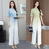 秋 半裙长裤 中国风雪纺改良版 两件套采耳茶艺师气质显瘦时尚 新中式