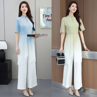 两件套采耳茶艺师气质显瘦时尚 半裙长裤 秋 中国风雪纺改良版 新中式