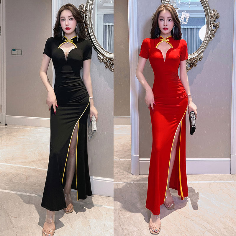 性感镂空低胸改良版旗袍长裙