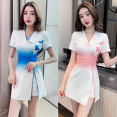 v领印花刺绣渐变短袖 两件套桑拿沐足采耳洋气收腰显瘦工作服 裙裤