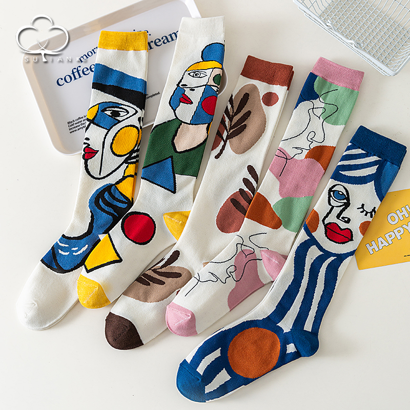 人像油画女袜个性文艺棉袜