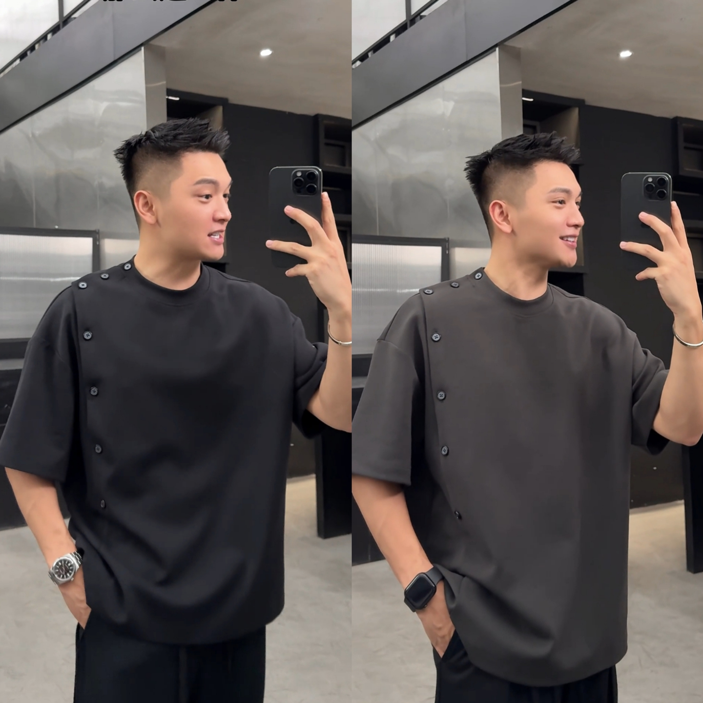 春季新款休闲风圆领短袖T恤男士亲肤透气纽扣装饰纯色基础款上衣