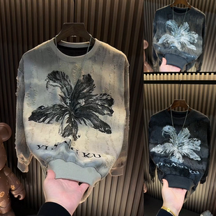 轻奢高定款漫天星破洞花朵字母长袖卫衣秋季新品潮牌圆领男女上衣