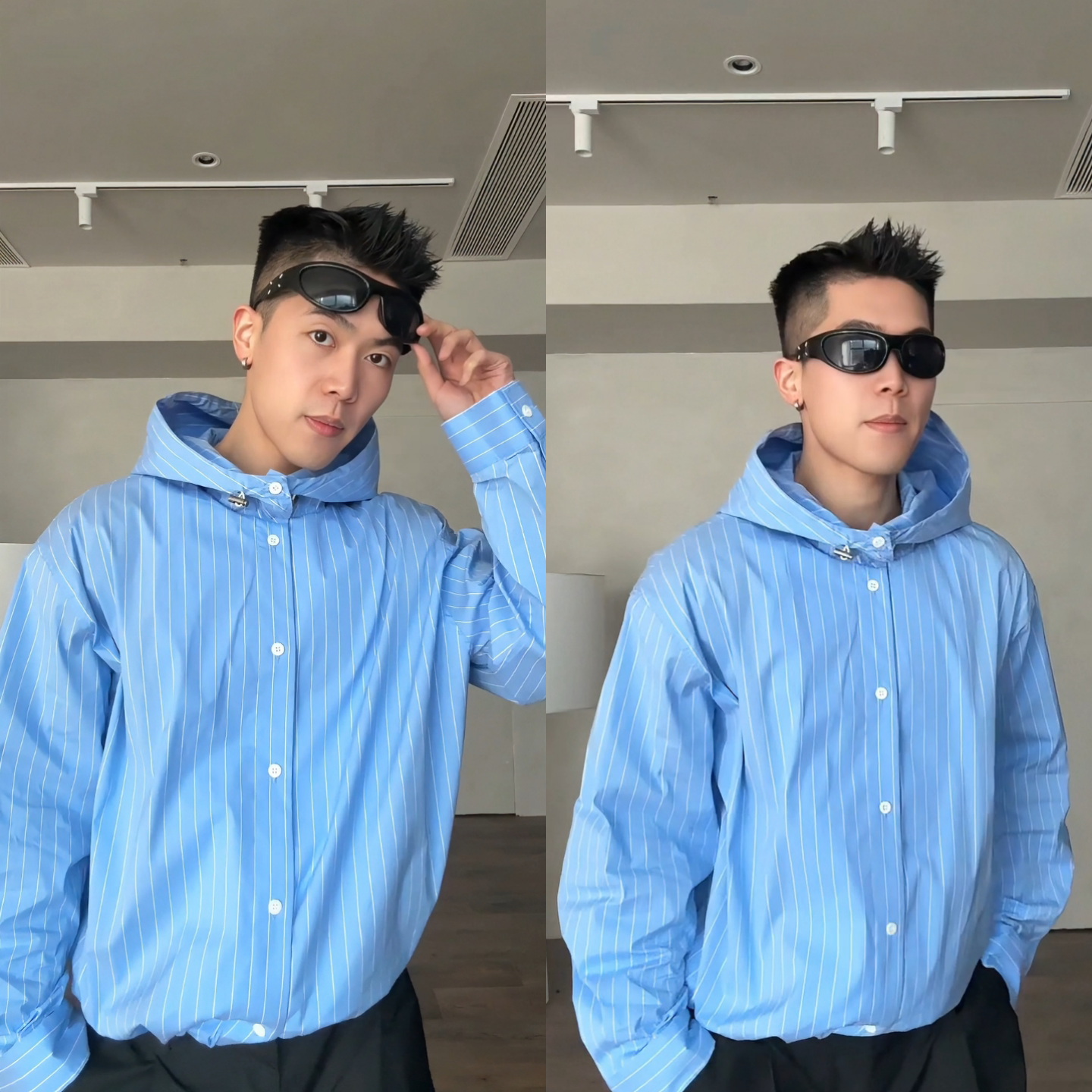 春季上新男士连帽条纹衬衫外套
