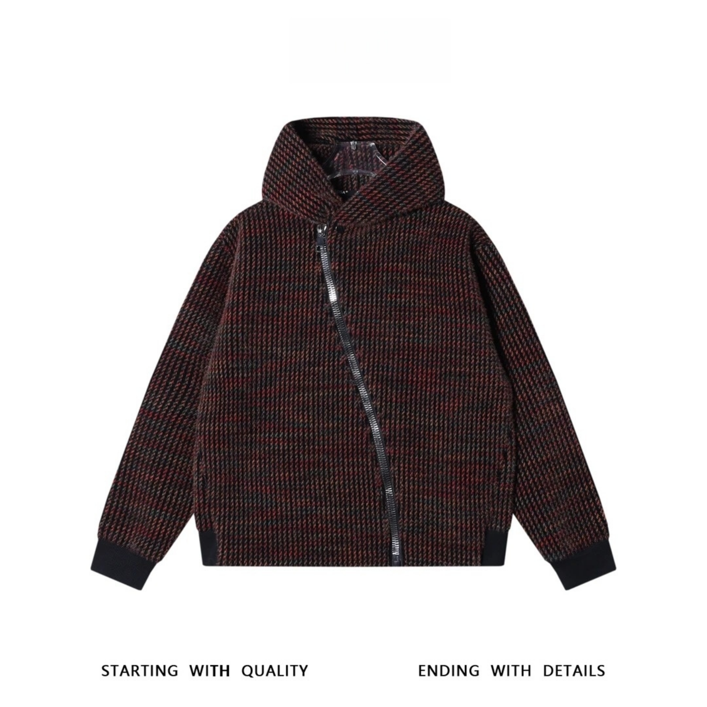 冬季痞帅高级感男装休闲彩色竖纹斜拉链连帽卫衣撞色设计上衣百搭