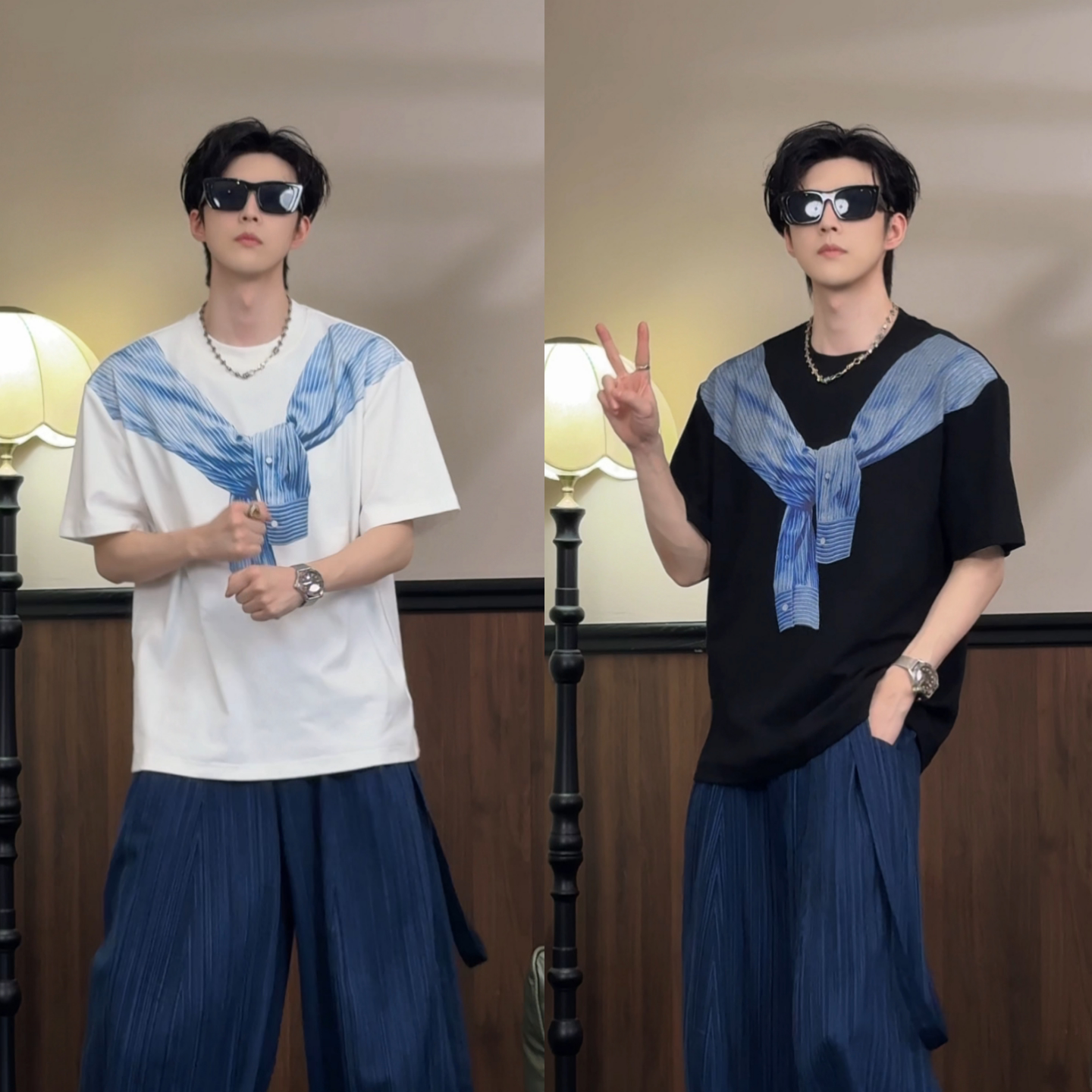 2026年春季新款松弛风条纹拼接短袖T恤男士创意印花圆领上衣潮流