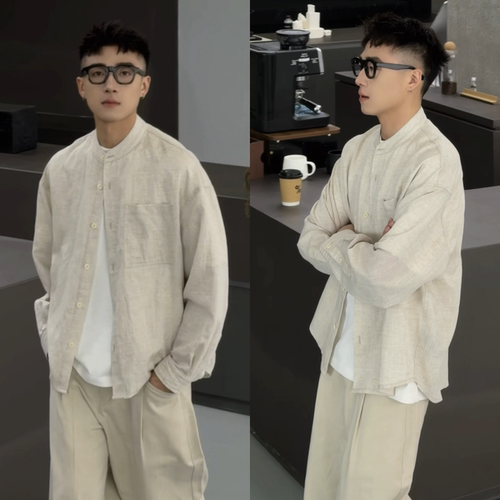 春季男士立领原麻色宽松透气衬衫