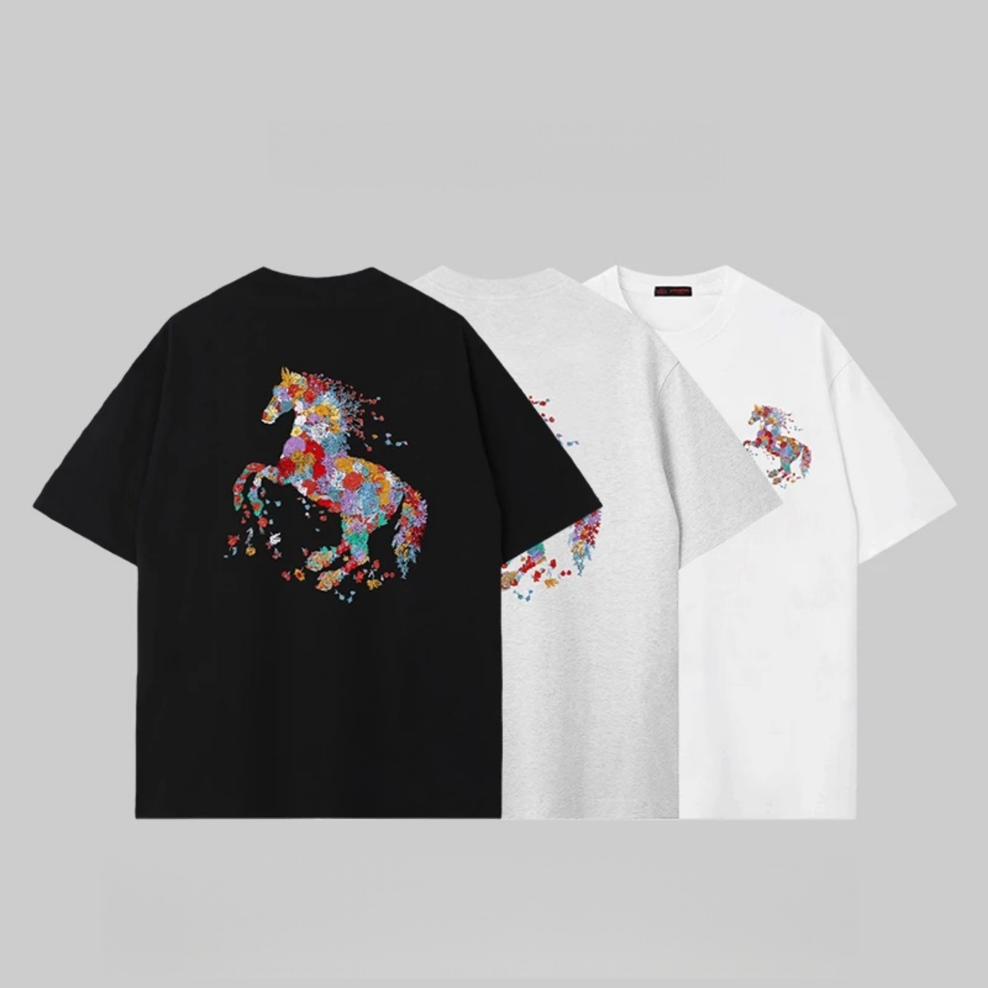 春季新款简约风马图案短袖T恤男刺绣圆领套头个性休闲百搭款上衣