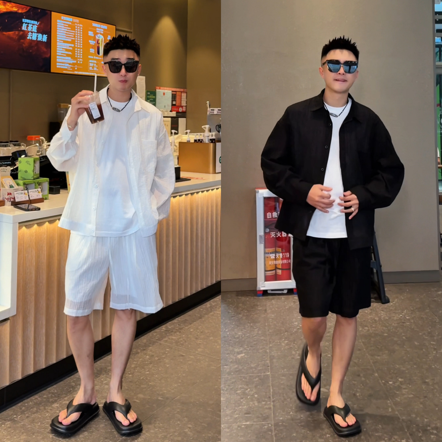 夏季新款简约透气慵懒风男士时尚防晒衬衫短裤套装休闲轻薄两件套