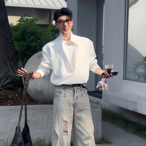假两件白色防晒衬衫男款秋季小众不撞款穿搭立领时尚套头长袖衬衣