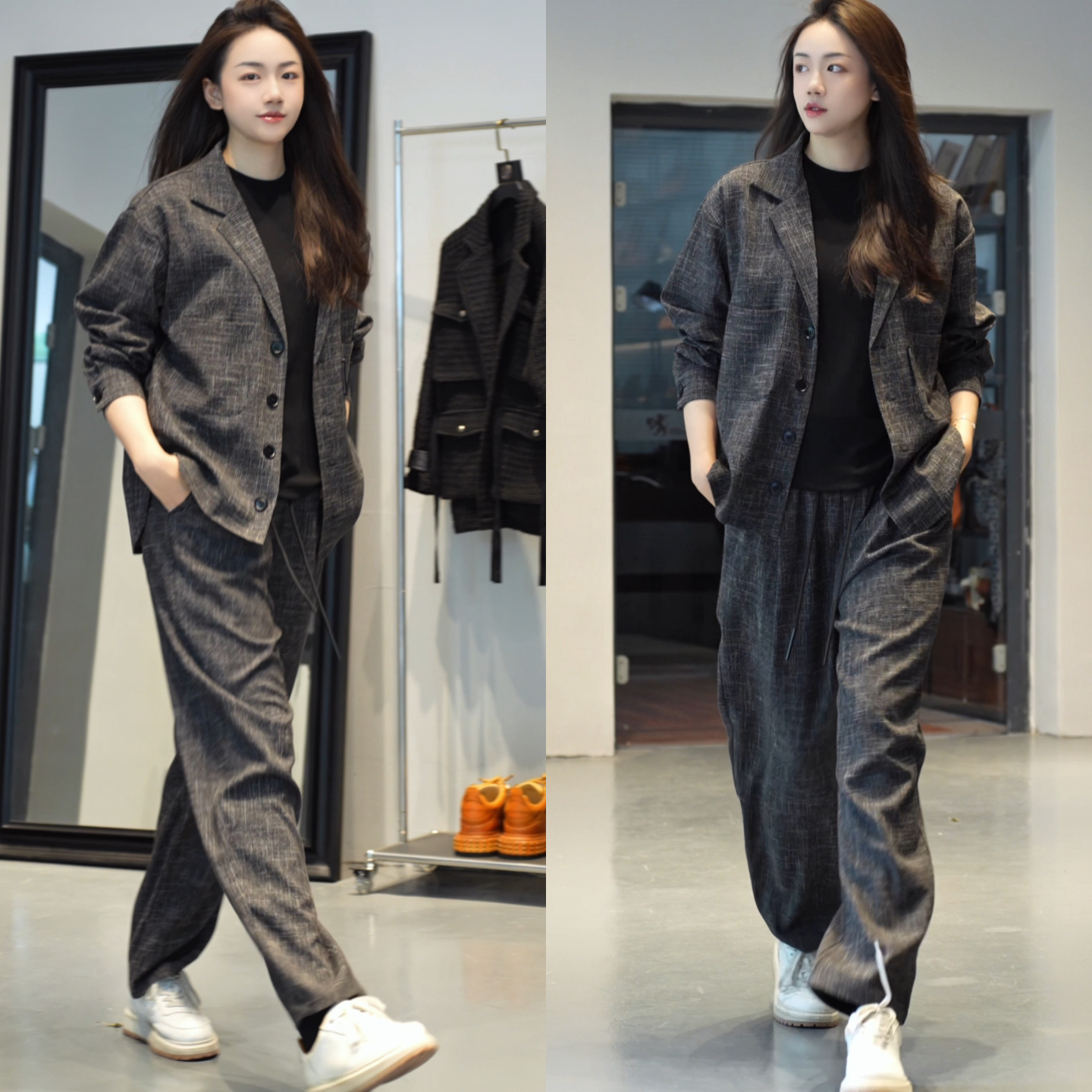 春季新款休闲套装男士高级时尚简约港风百搭格雷系格纹长袖两件套