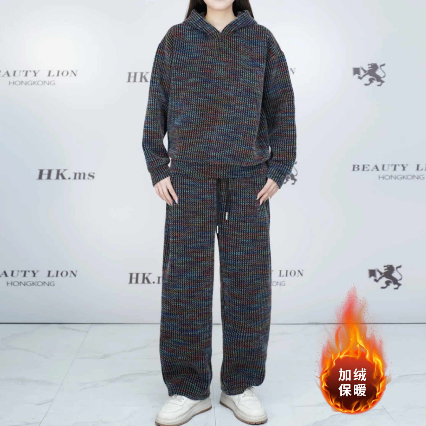 冬季加绒撞色拼接连帽卫衣套装