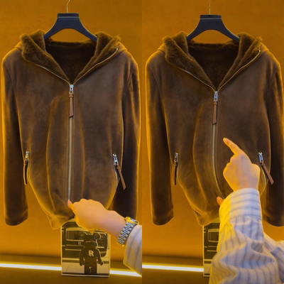 冬季老钱风男士连帽加绒拉链夹克