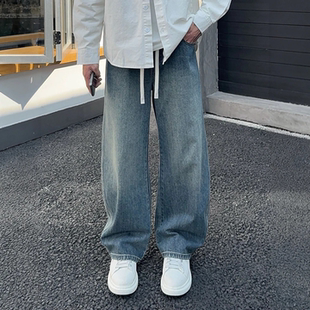 春季复古蓝小弯刀水洗百搭牛仔裤男士潮流时尚简约韩系直筒休闲裤