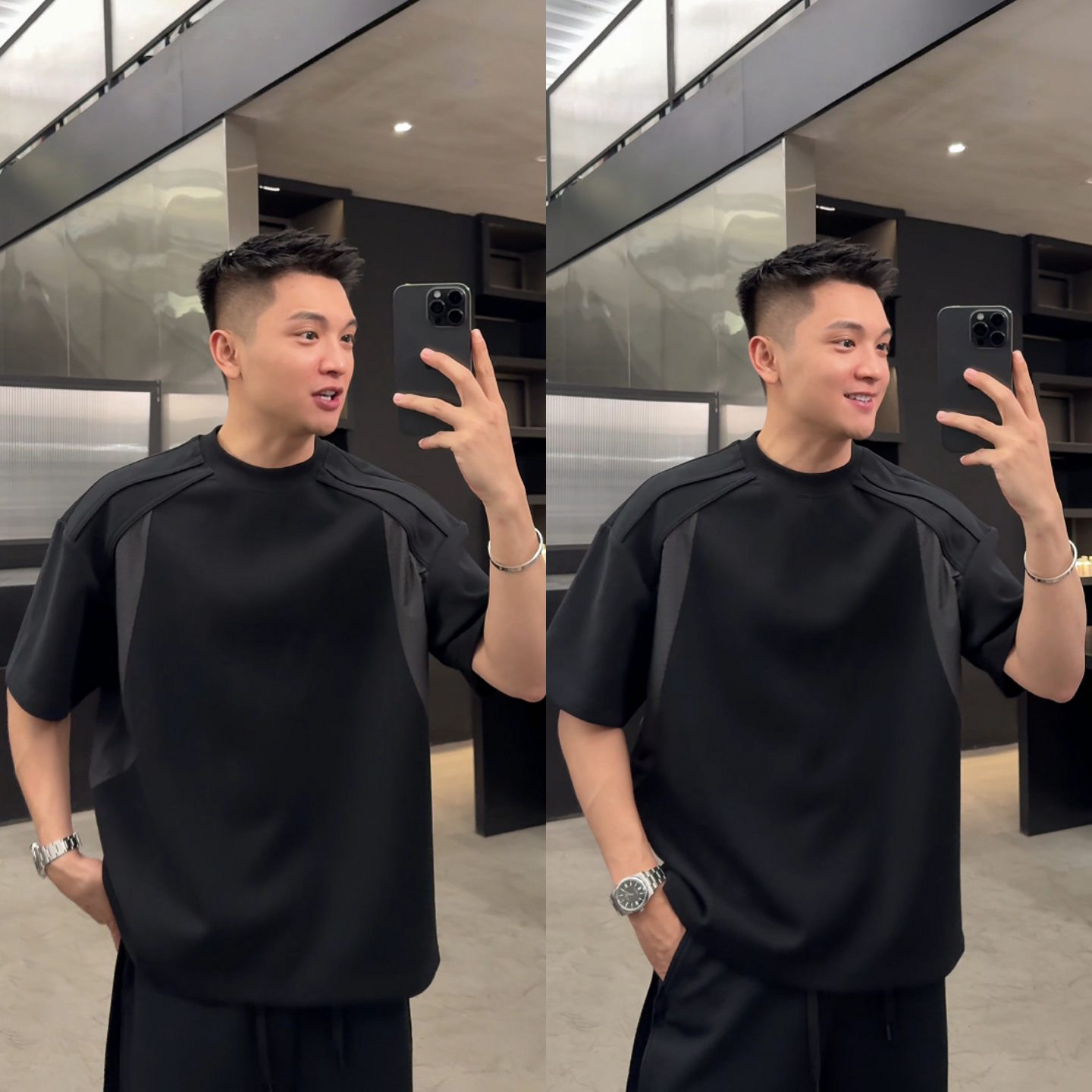 春季新款黑色撞色拼接短袖男士宽松圆领纯色简约百搭款休闲风上衣