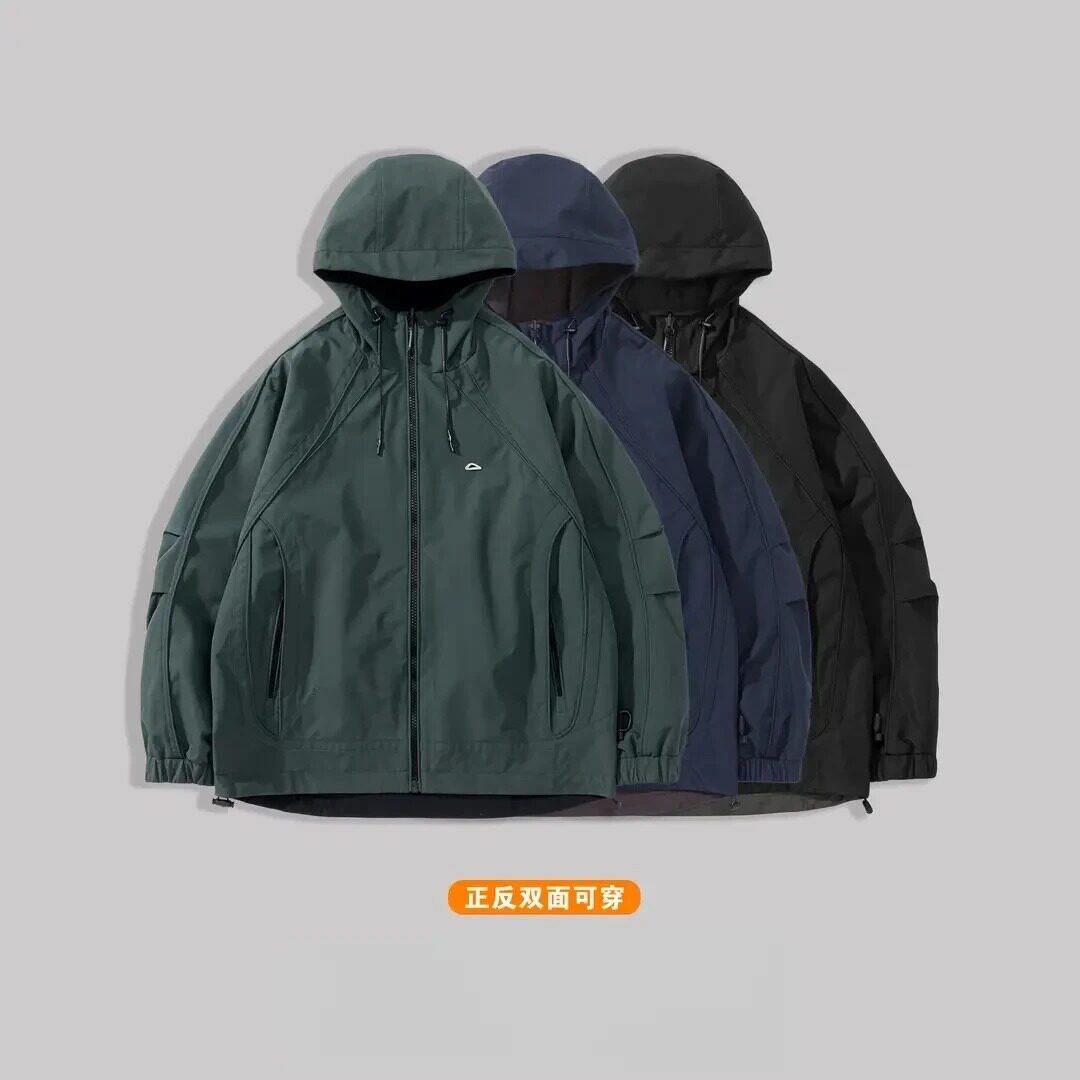 春季新款工装风双面穿连帽夹克男士春季防风复古薄款宽松百搭外套