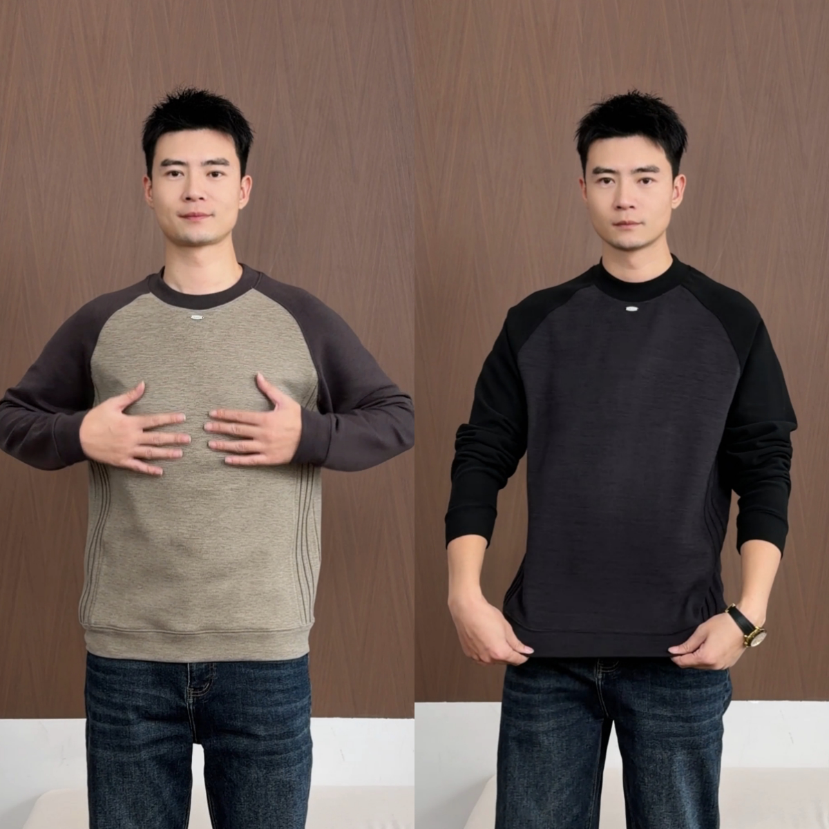商务男士百搭松弛感撞色新款秋冬时尚潮流百搭长袖高级感圆领上衣