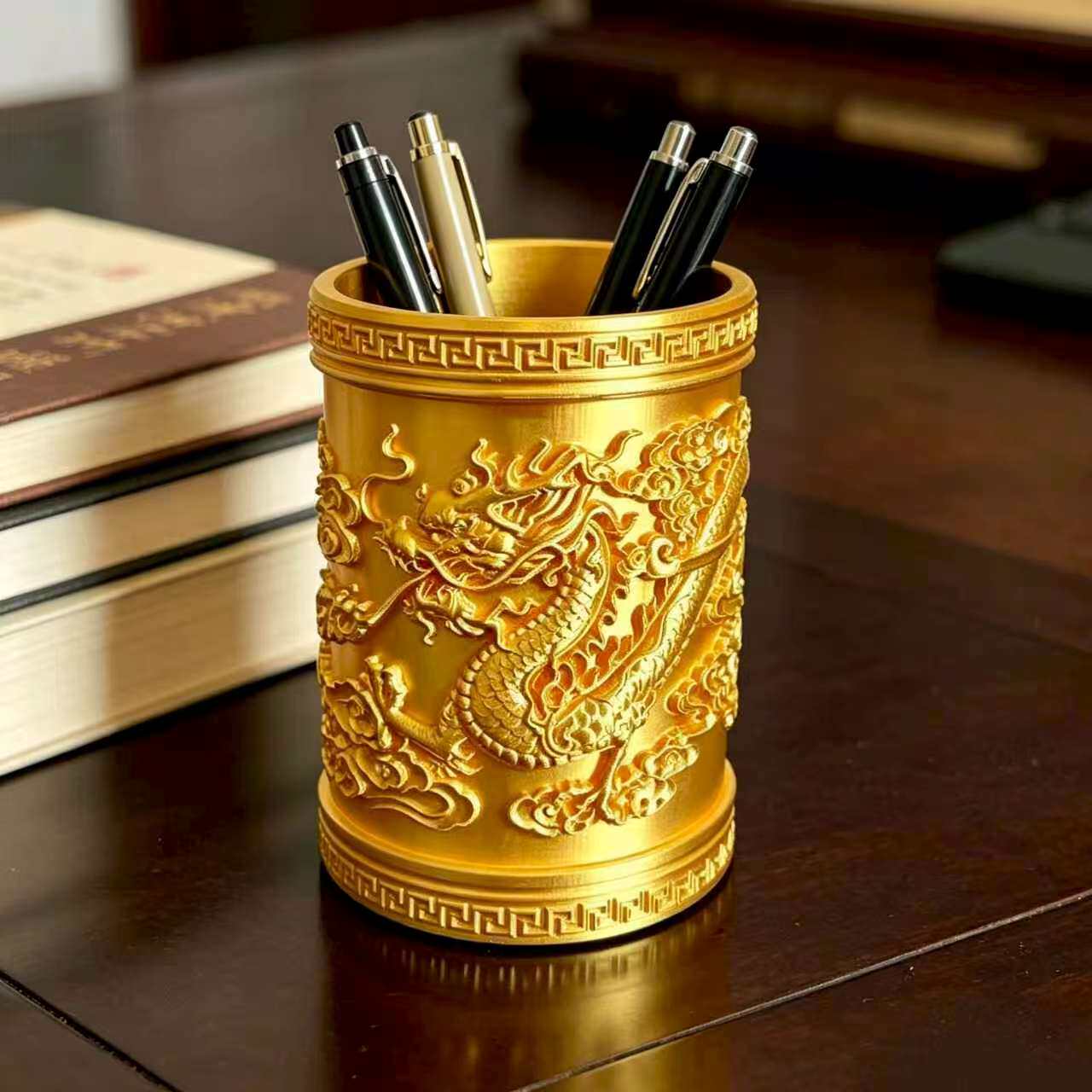 祥云龙纹丝绸金塑料笔筒摆件家居笔筒