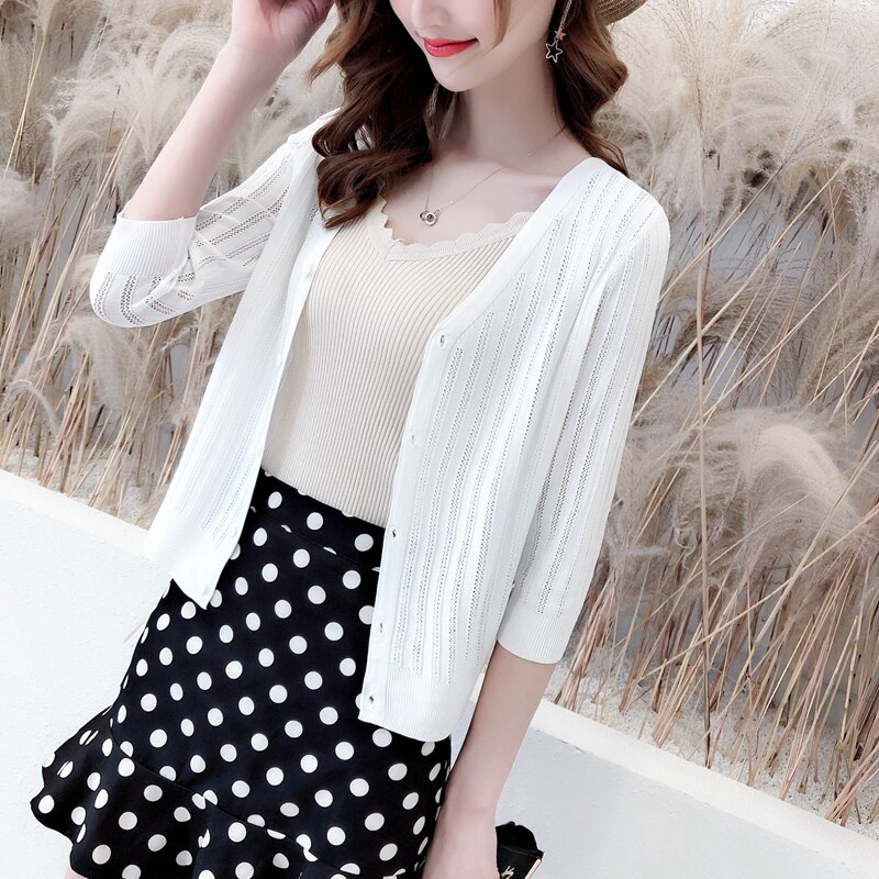 冰丝针织女开衫薄款外套夏季配裙子短款空调外搭防晒衫小披肩上衣