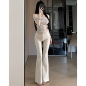 休闲高腰显瘦长裤 西装 加绒加厚马蹄裤 米白色微喇叭裤 裤 女秋冬新款