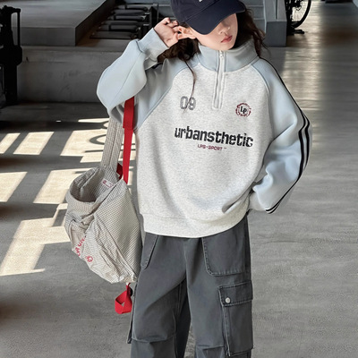 女童加绒卫衣冬装2025新款洋气儿童立领加厚秋冬女大童一体绒上衣