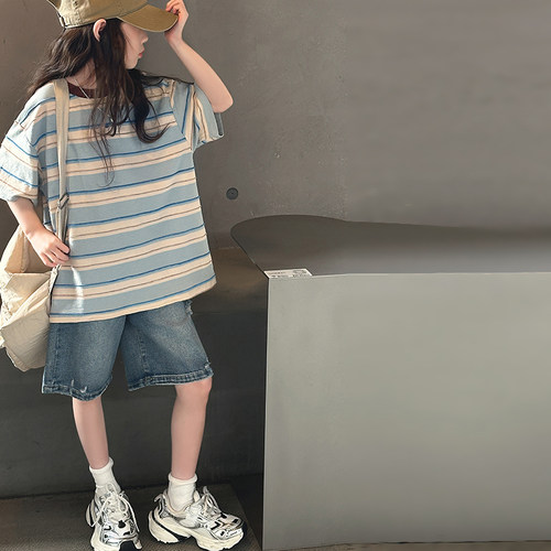 女童短袖t恤夏季2025新款儿童洋气时髦夏装大童纯棉条纹打底上衣