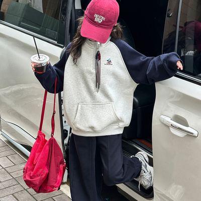 秋冬半拉链卫衣棉布裤套装