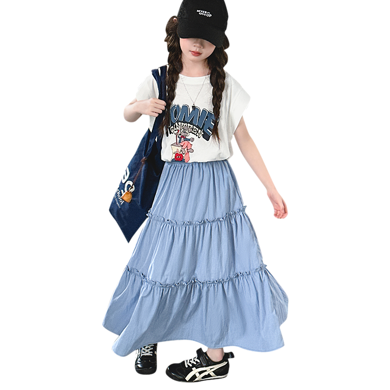 女童夏季套装2025新款儿童时髦洋气夏装大童短袖T恤半身裙两件套