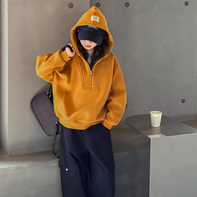 女童加绒卫衣冬季2025新款洋气儿童连帽加厚秋冬女大童一体绒上衣