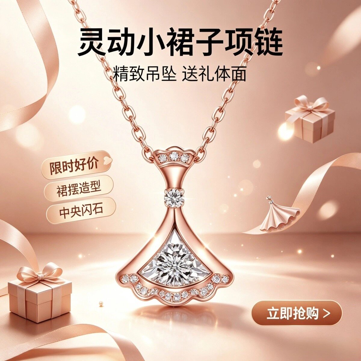 卡梵佩灵动小裙子项链女镶钻吊坠跳动的心锁骨链项坠森系文艺