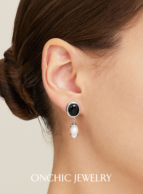 OnchicOR系列月遥耳环女珍珠耳饰品黑玛瑙耳钉银色小众高级感轻奢