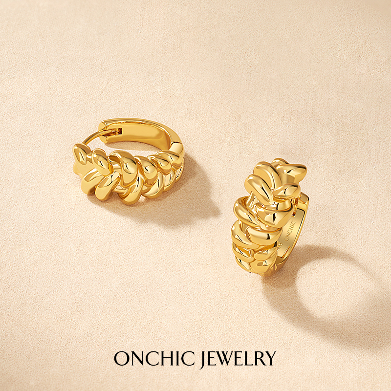Onchic编织麻花耳环金色耳圈轻奢